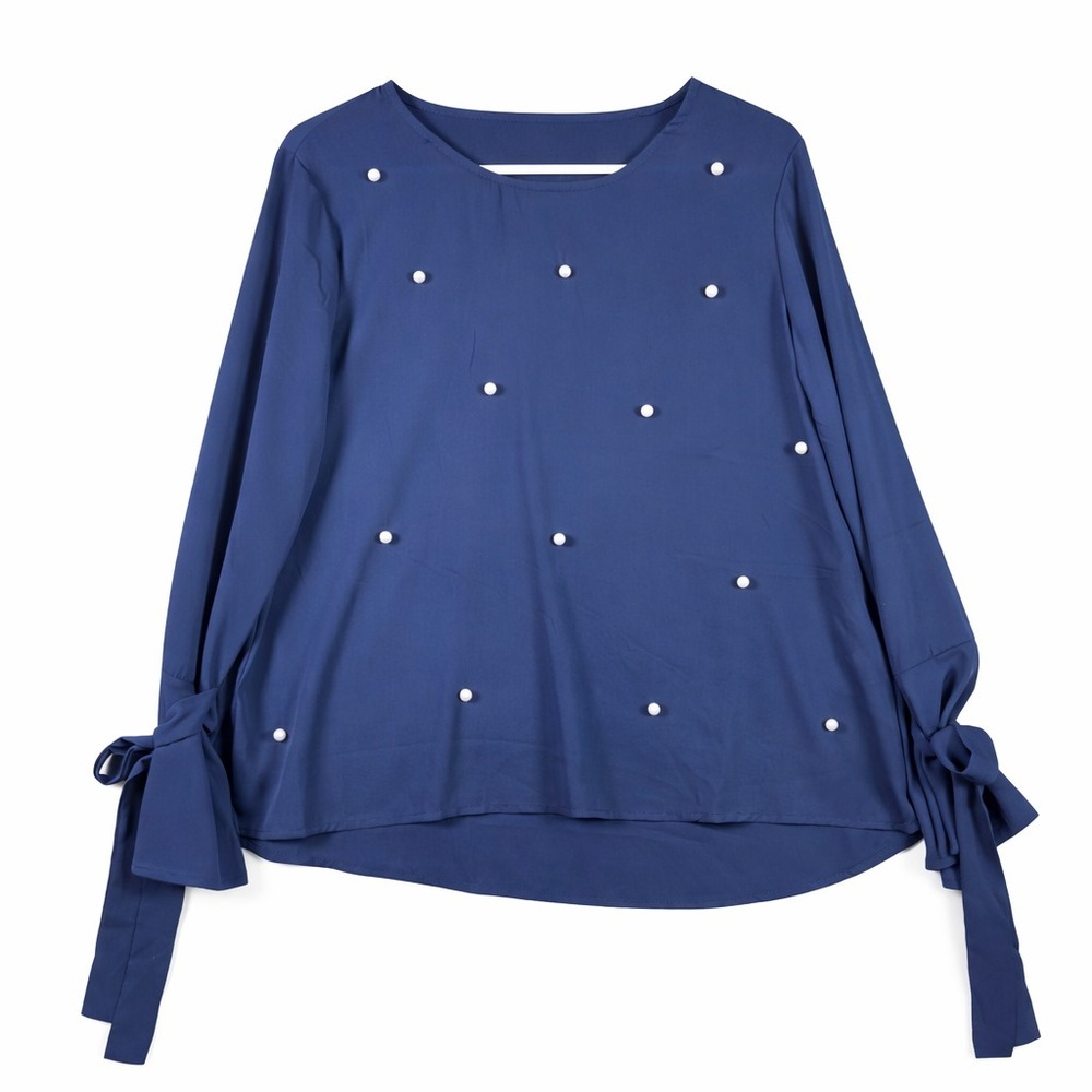 Womens Navy Pearl Detail Blouse Size L Tie Sleeve Lightweight Polyester‎ Top